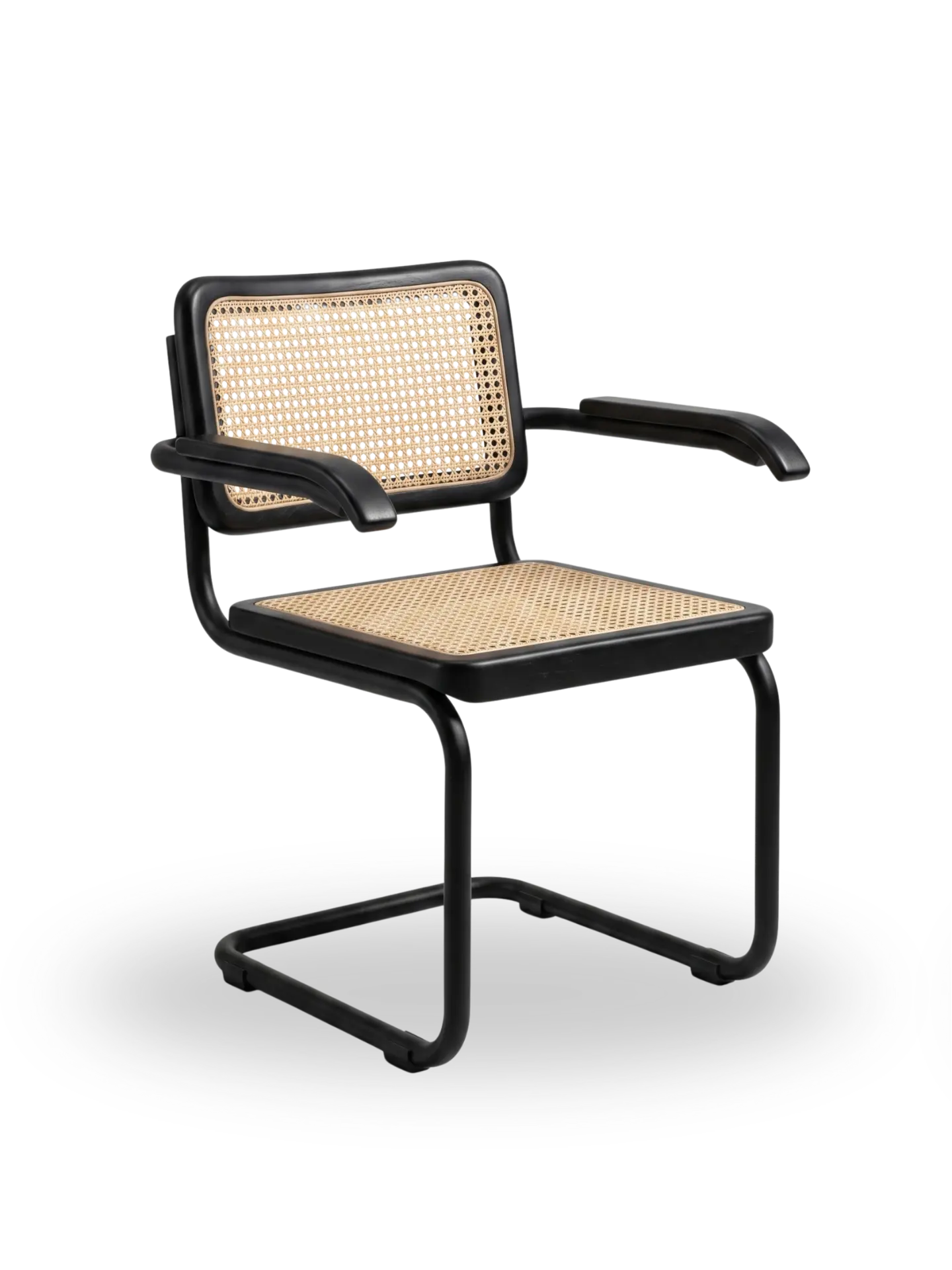 Silla en madera negra con asiento y espaldar en rattán