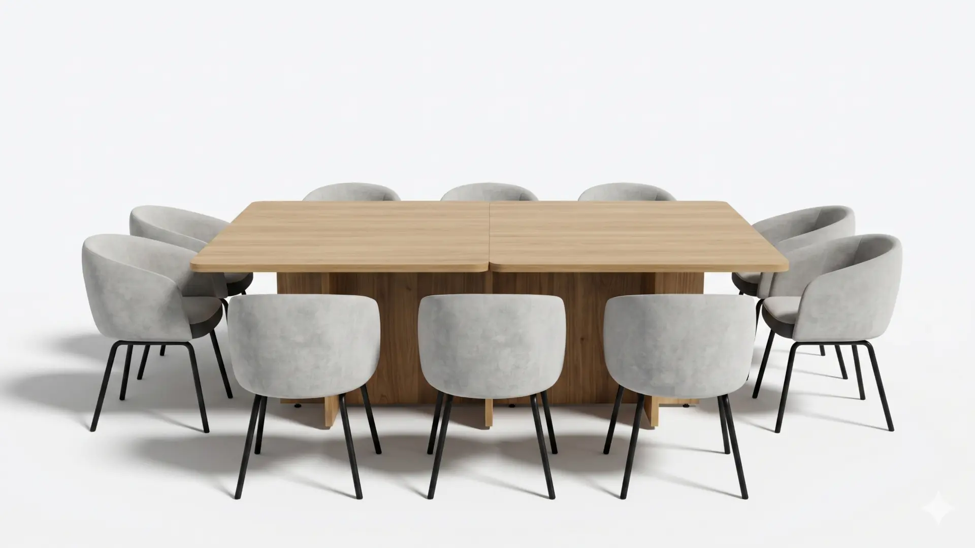 Mesa de reuniones en roble con sillas tapizadas grises