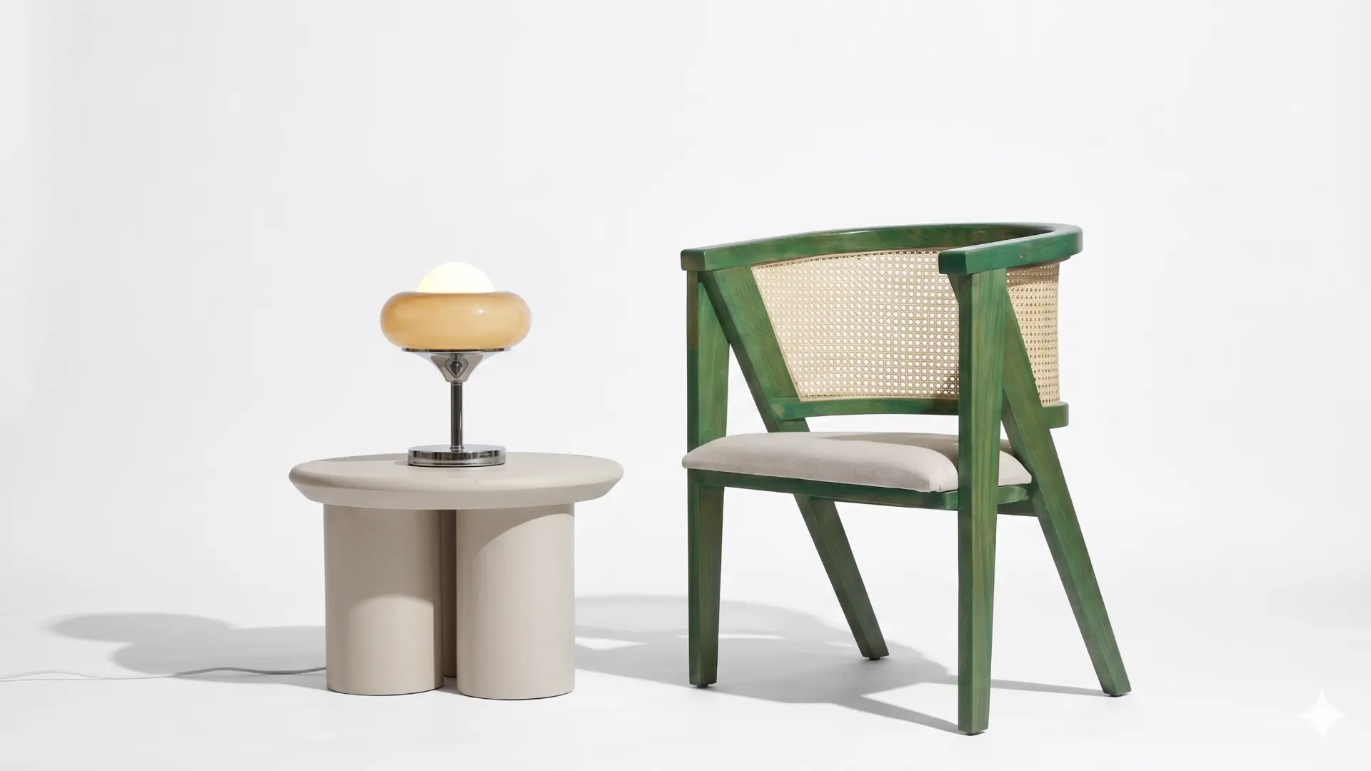 Silla en madera teñida verde junto a mesa auxiliar y lámpara
