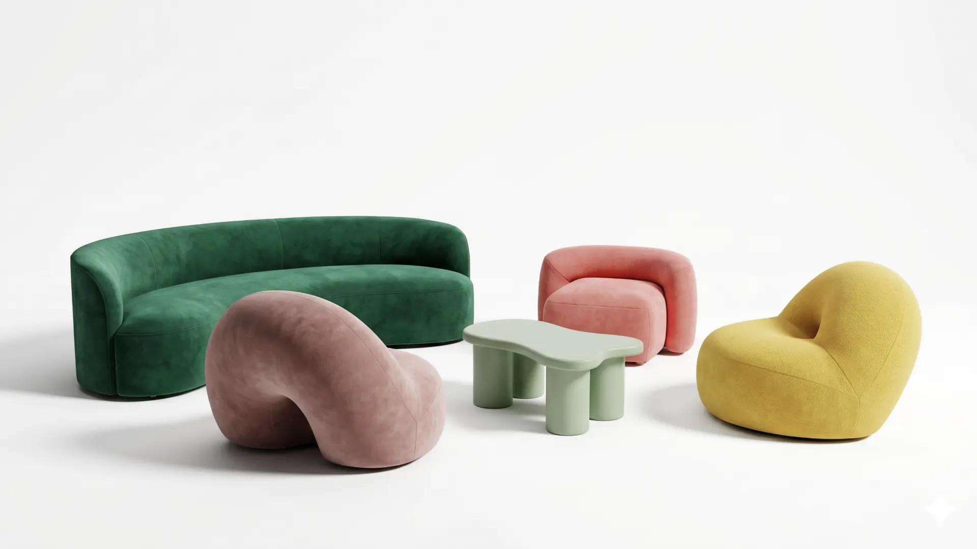 Conjunto de sofás y butacas orgánicas en colores saturados