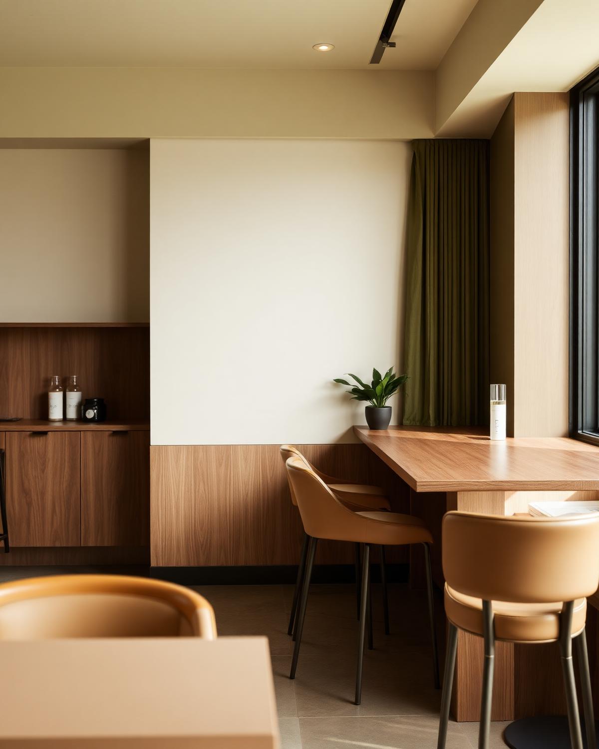 Interior de café con barra en madera y sillas de alto tránsito