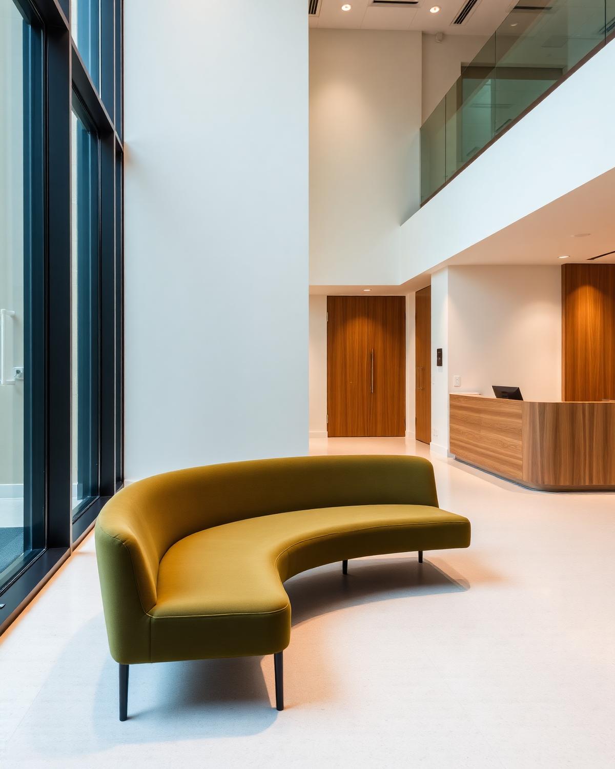 Lobby corporativo con banca en tono oliva y recepción en madera