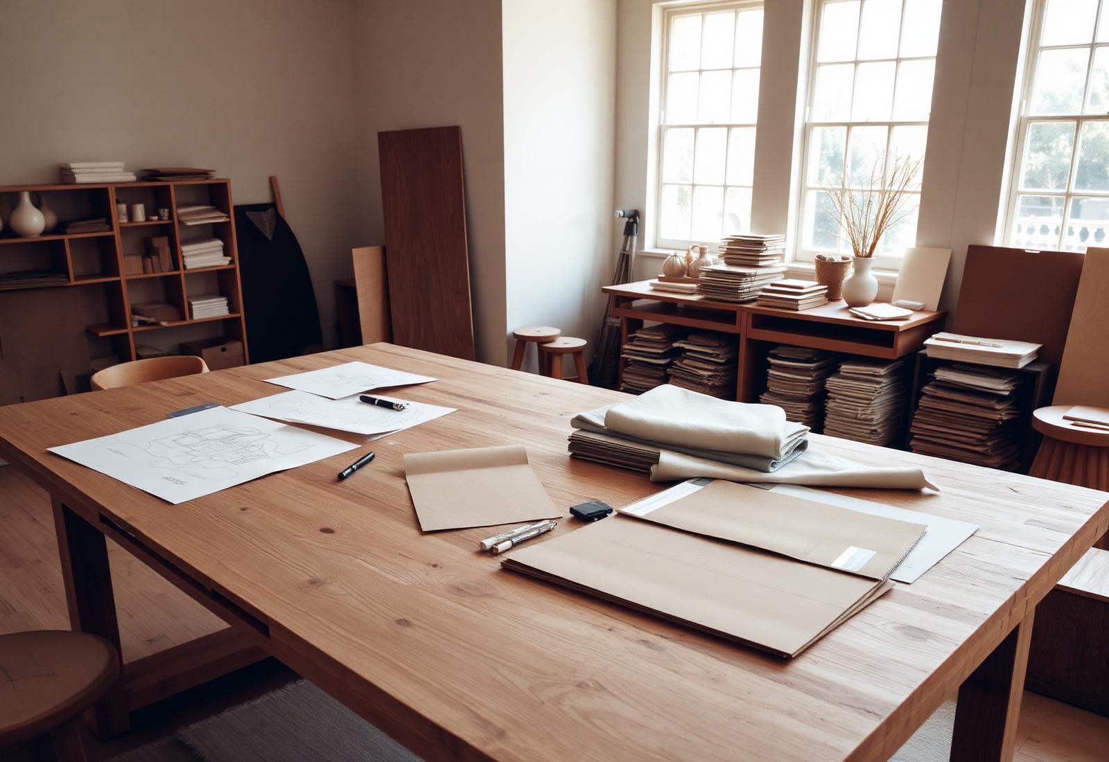 Mesa de trabajo del estudio con planos y muestras